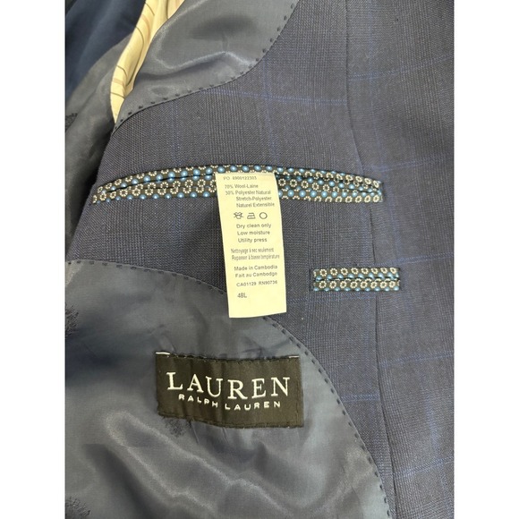 Lauren Ralph Lauren Navy Blue Check Wool Blend Suit Jacket Blazer 48L 70% Wool - Picture 3 of 6